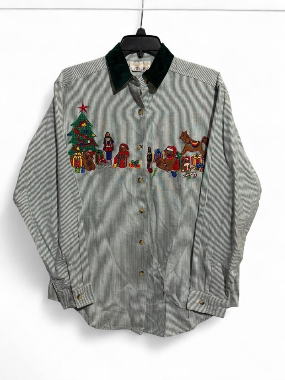 Vintage Holiday Embroidered Stripe Button-Up Shirt